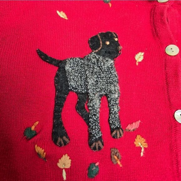 VINTAGE 90s red Talbots dog felted‎ fall leaves button up holiday cardigan S/M - Picture 5 of 12